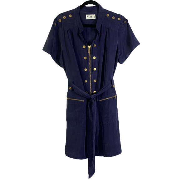 ALICE BY TEMPERLY Navy Blue Alva Silk Mini Shirt Dress - Picture 1 of 16